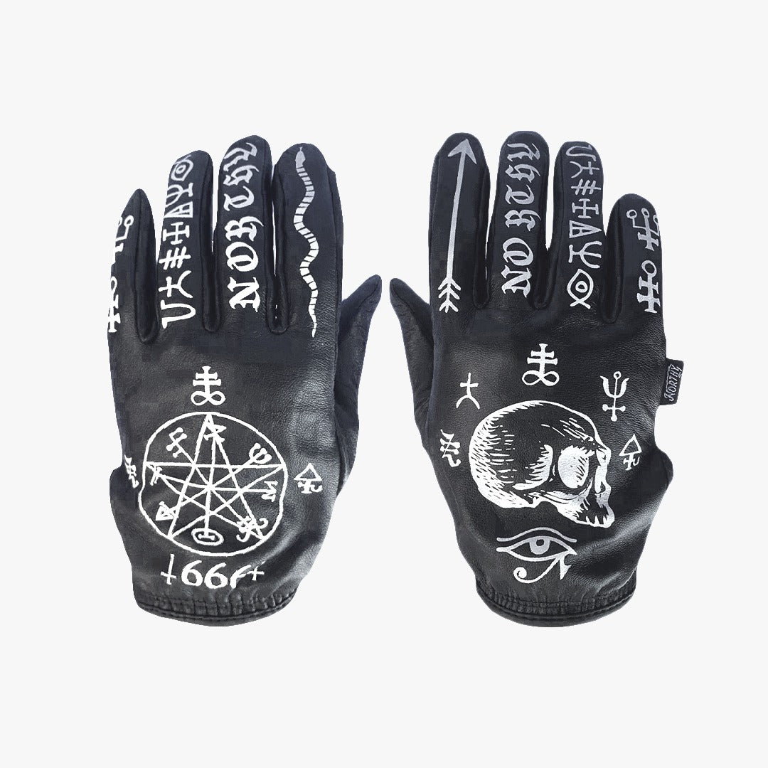 A pair of black leather gloves with a skull and crossbones design and touchscreen-compatible fingertips.