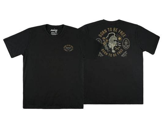 Black t-shirt with graphic design on front and back on a white background