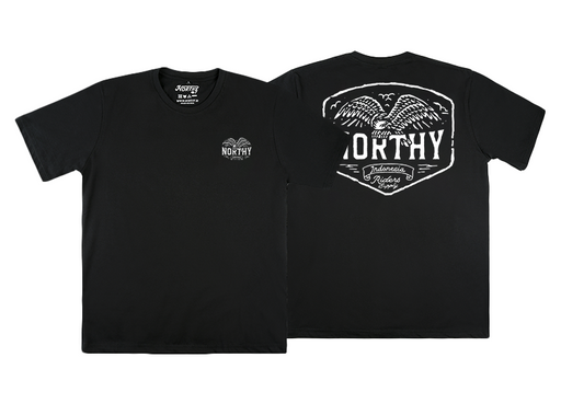 Black t-shirt with white graphic design on a white background