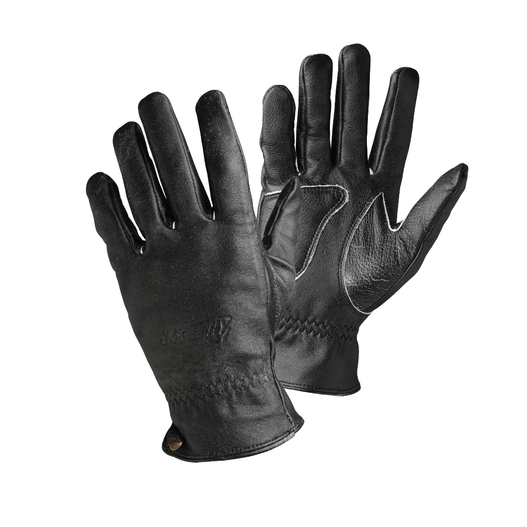 A pair of black leather gloves with visible stitching and brand embossing on the backhand.