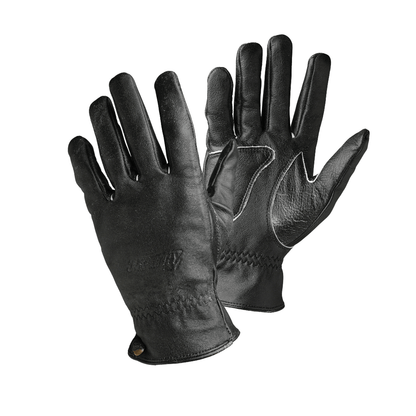 A pair of black leather gloves with visible stitching and brand embossing on the backhand.