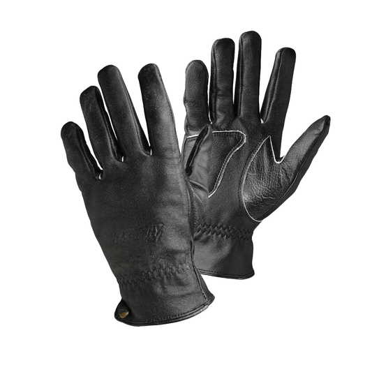 A pair of black leather gloves with visible stitching and brand embossing on the backhand.