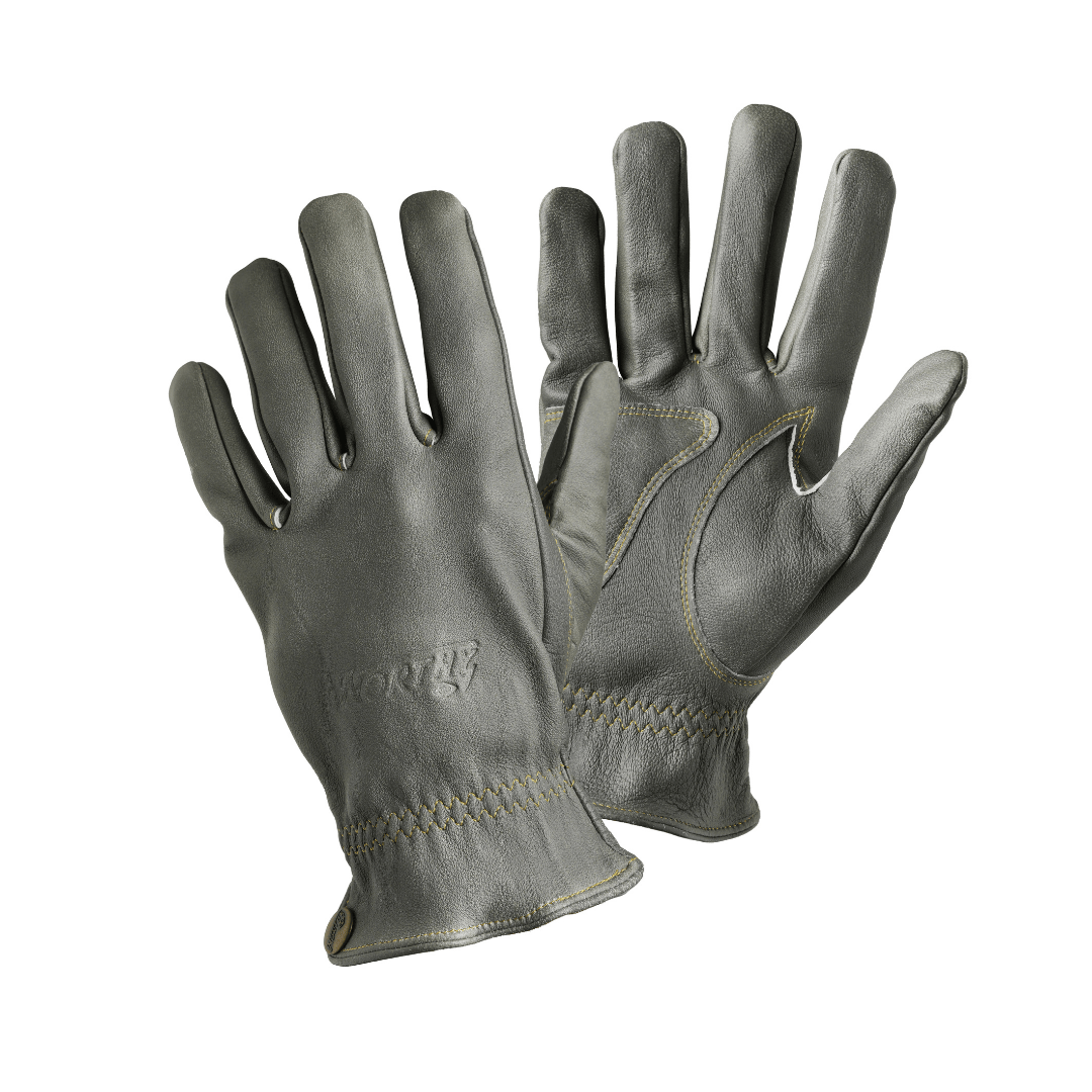 A pair of black leather gloves with visible stitching and brand embossing on the backhand.
