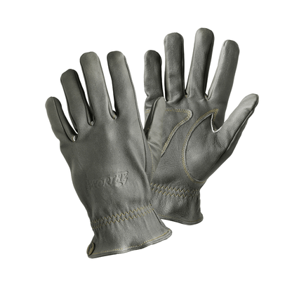 A pair of black leather gloves with visible stitching and brand embossing on the backhand.