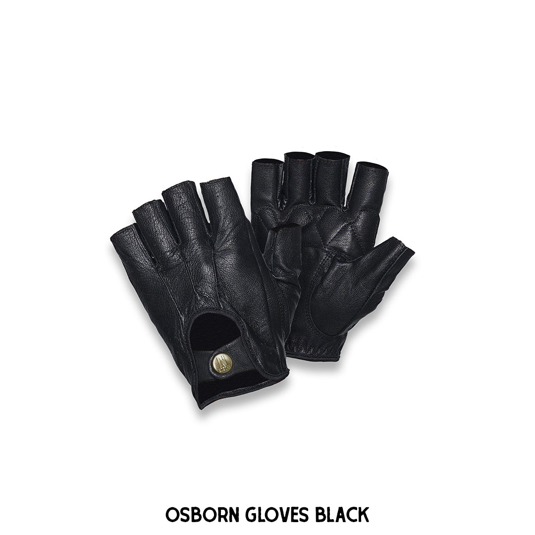 A pair of Osborn leather gloves featuring half-finger design, snap button lock, and dual tone color.