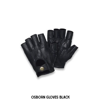 A pair of Osborn leather gloves featuring half-finger design, snap button lock, and dual tone color.