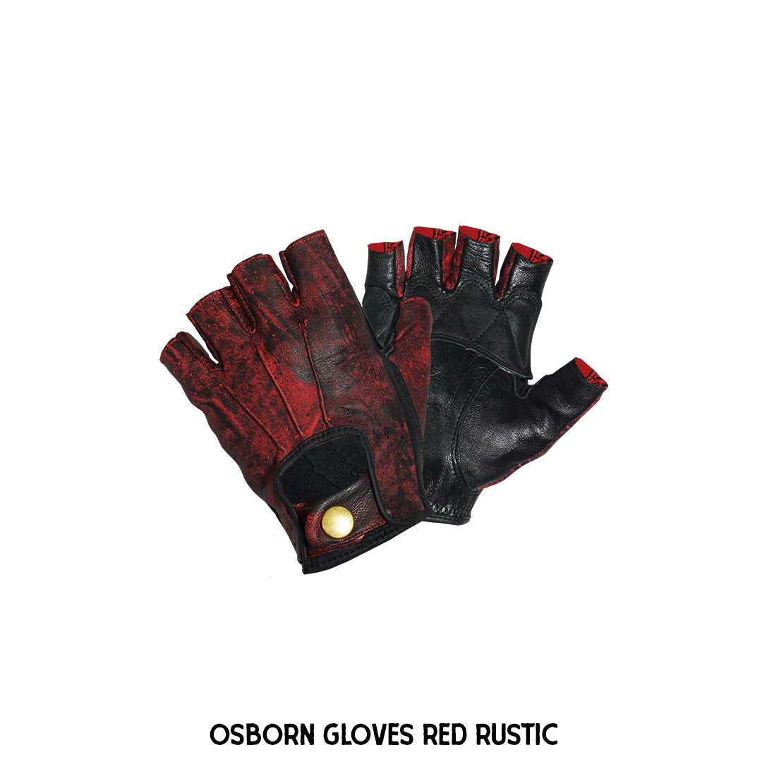 A pair of Osborn leather gloves featuring half-finger design, snap button lock, and dual tone color.