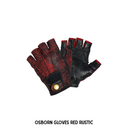 A pair of Osborn leather gloves featuring half-finger design, snap button lock, and dual tone color.