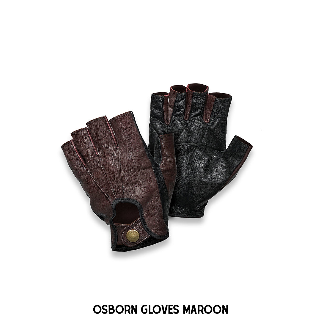 A pair of Osborn leather gloves featuring half-finger design, snap button lock, and dual tone color.