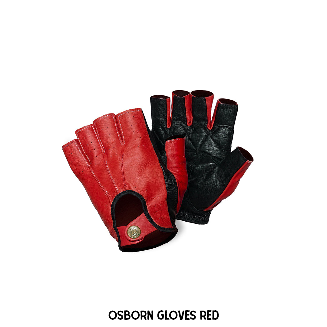 A pair of Osborn leather gloves featuring half-finger design, snap button lock, and dual tone color.