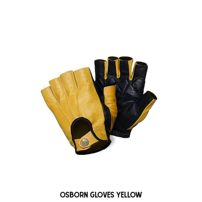 A pair of Osborn leather gloves featuring half-finger design, snap button lock, and dual tone color.