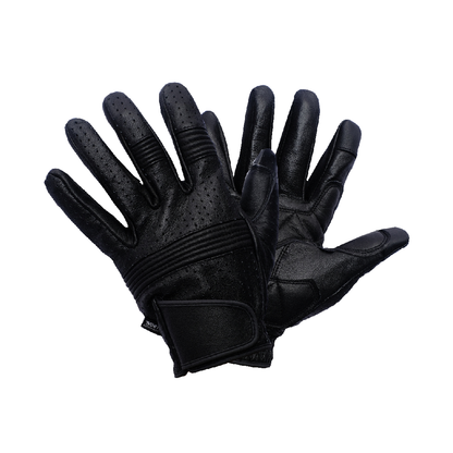 A pair of black and yellow leather motorcycle gloves with full finger coverage and additional padding on the palm.