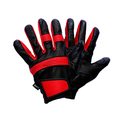 A pair of black and yellow leather motorcycle gloves with full finger coverage and additional padding on the palm.