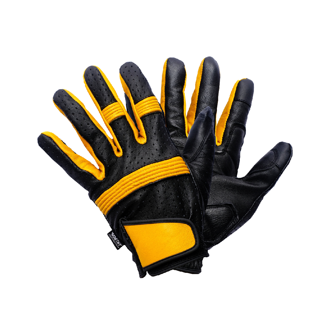 A pair of black and yellow leather motorcycle gloves with full finger coverage and additional padding on the palm.