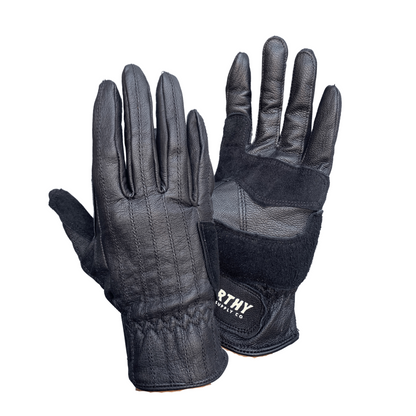 A pair of brown and yellow leather gloves with visible stitching and the brand name 'NORTHY' on the wrist strap.