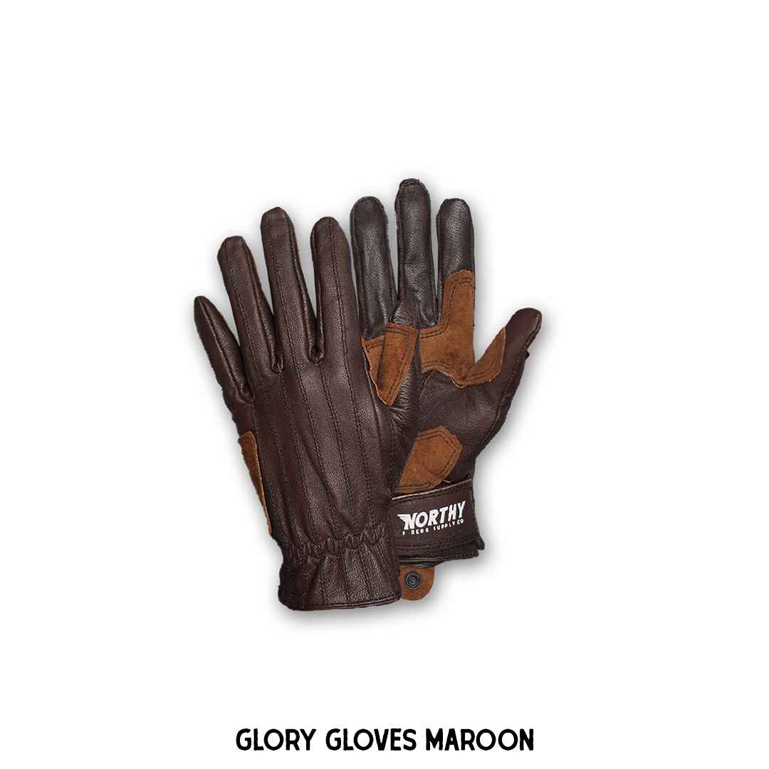 A pair of brown and yellow leather gloves with visible stitching and the brand name 'NORTHY' on the wrist strap.