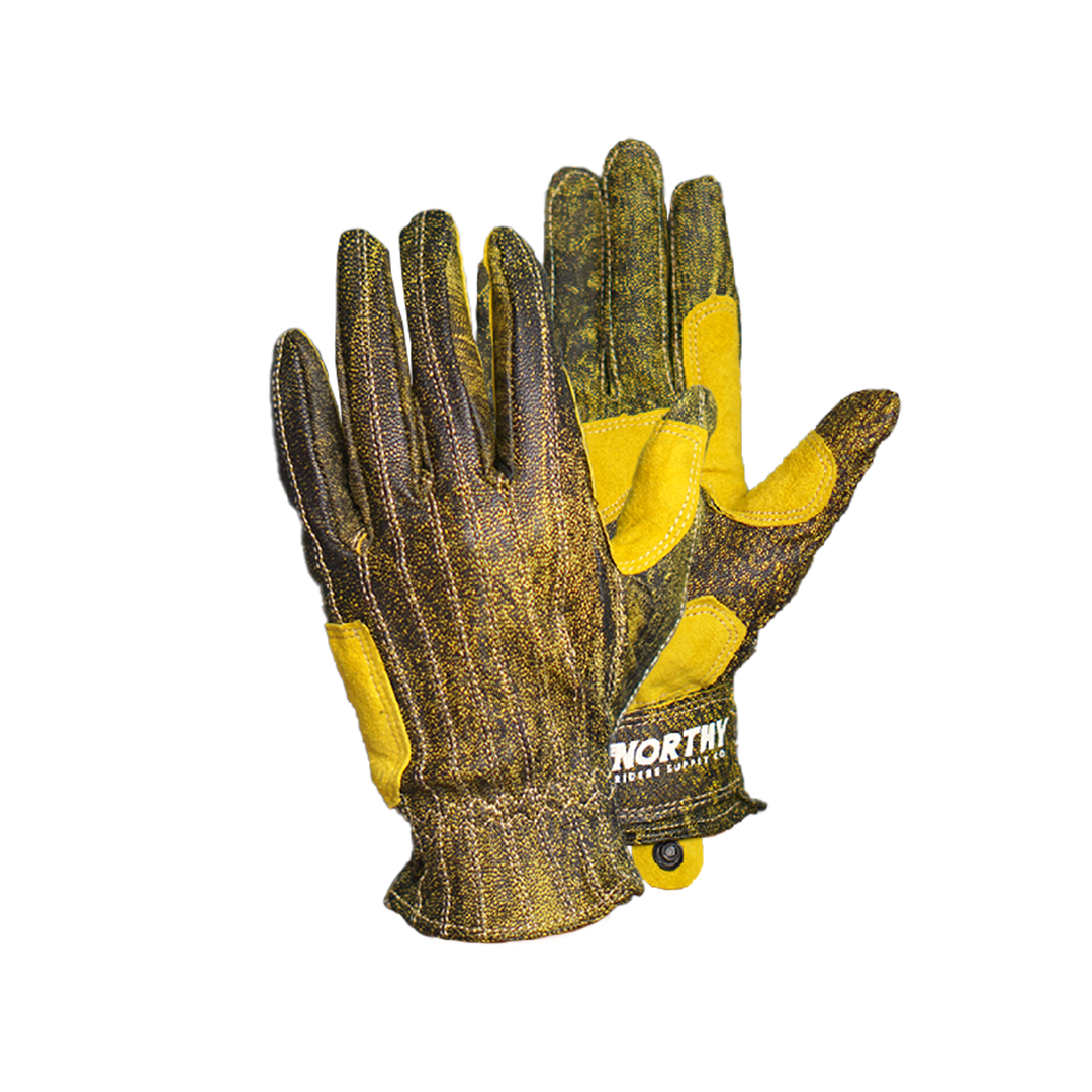 A pair of brown and yellow leather gloves with visible stitching and the brand name 'NORTHY' on the wrist strap.