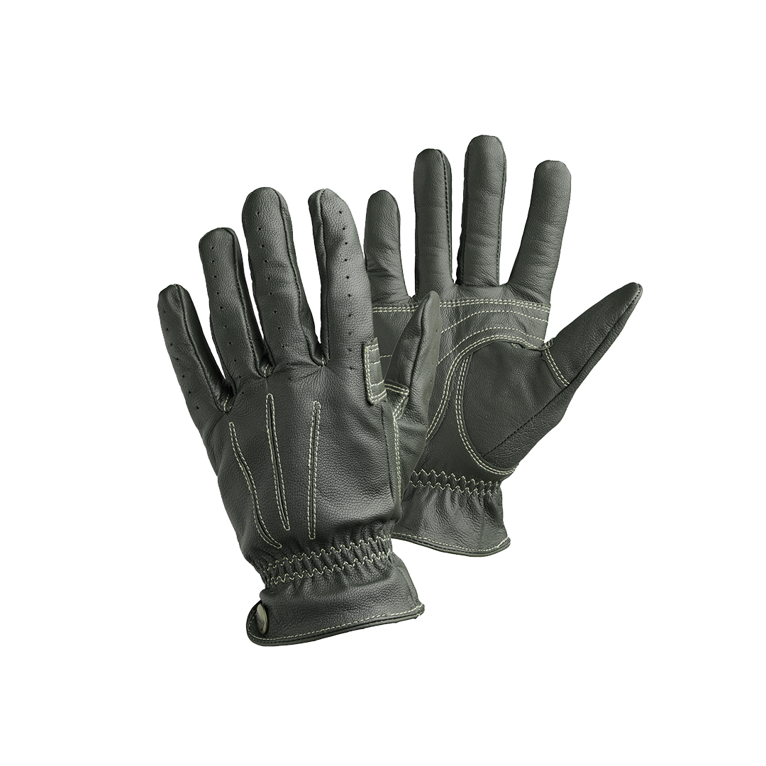 A pair of black leather gloves designed for riding, showing the palm and fingers with the brand name 'Nobleman' visible.