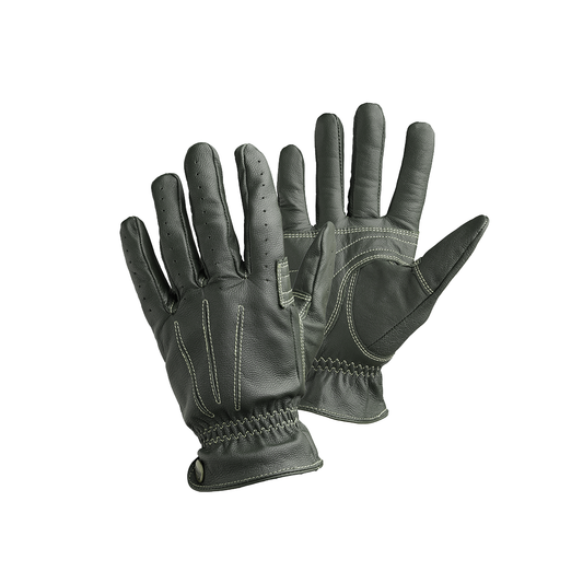 A pair of black leather gloves designed for riding, showing the palm and fingers with the brand name 'Nobleman' visible.