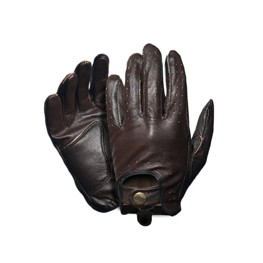 A pair of brown Sabre V.2 leather gloves with full finger coverage, designed for motorcycle riding.