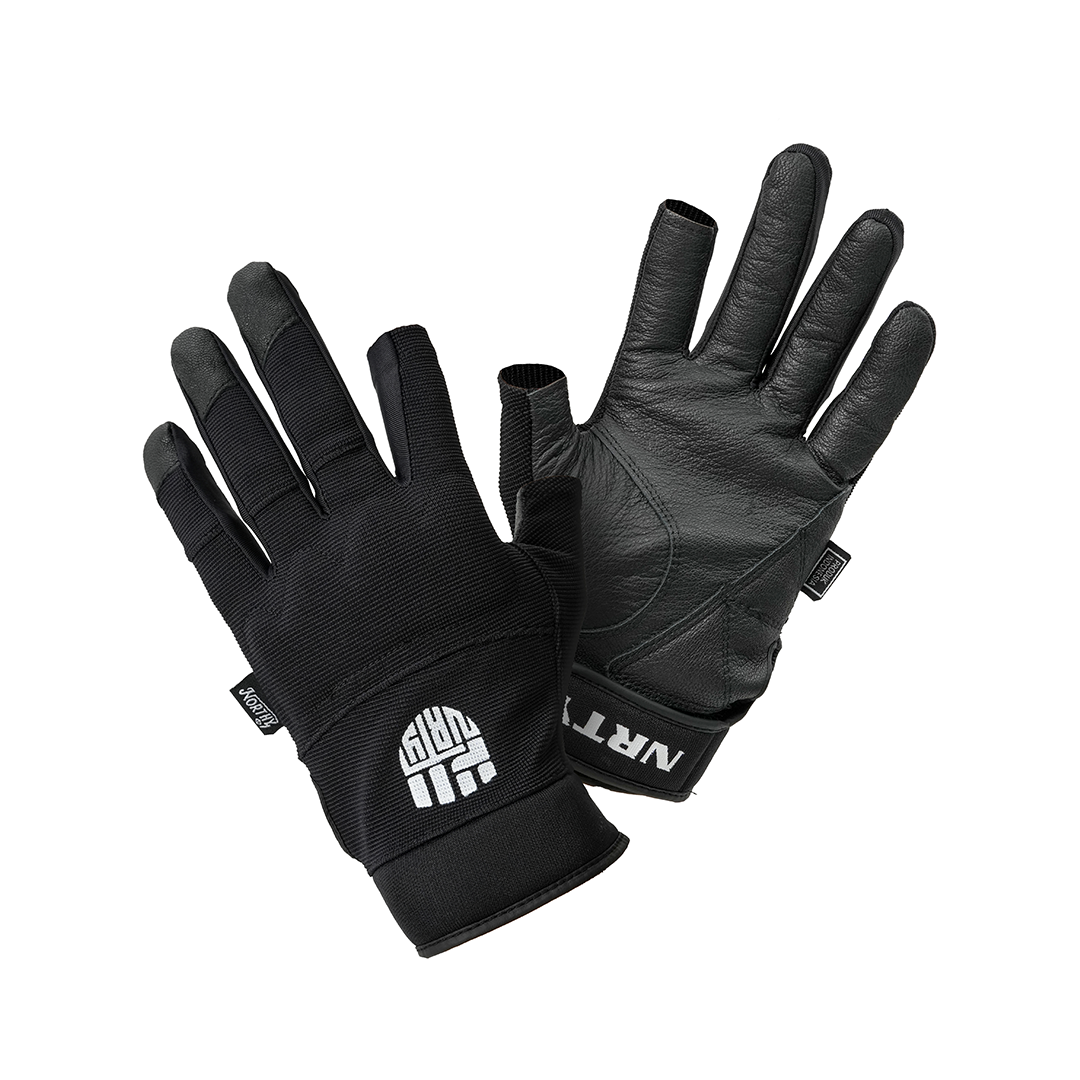 A pair of black leather gloves with visible stitching and brand label on the wrist area.