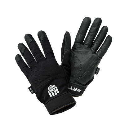 A pair of black leather gloves with visible stitching and brand label on the wrist area.