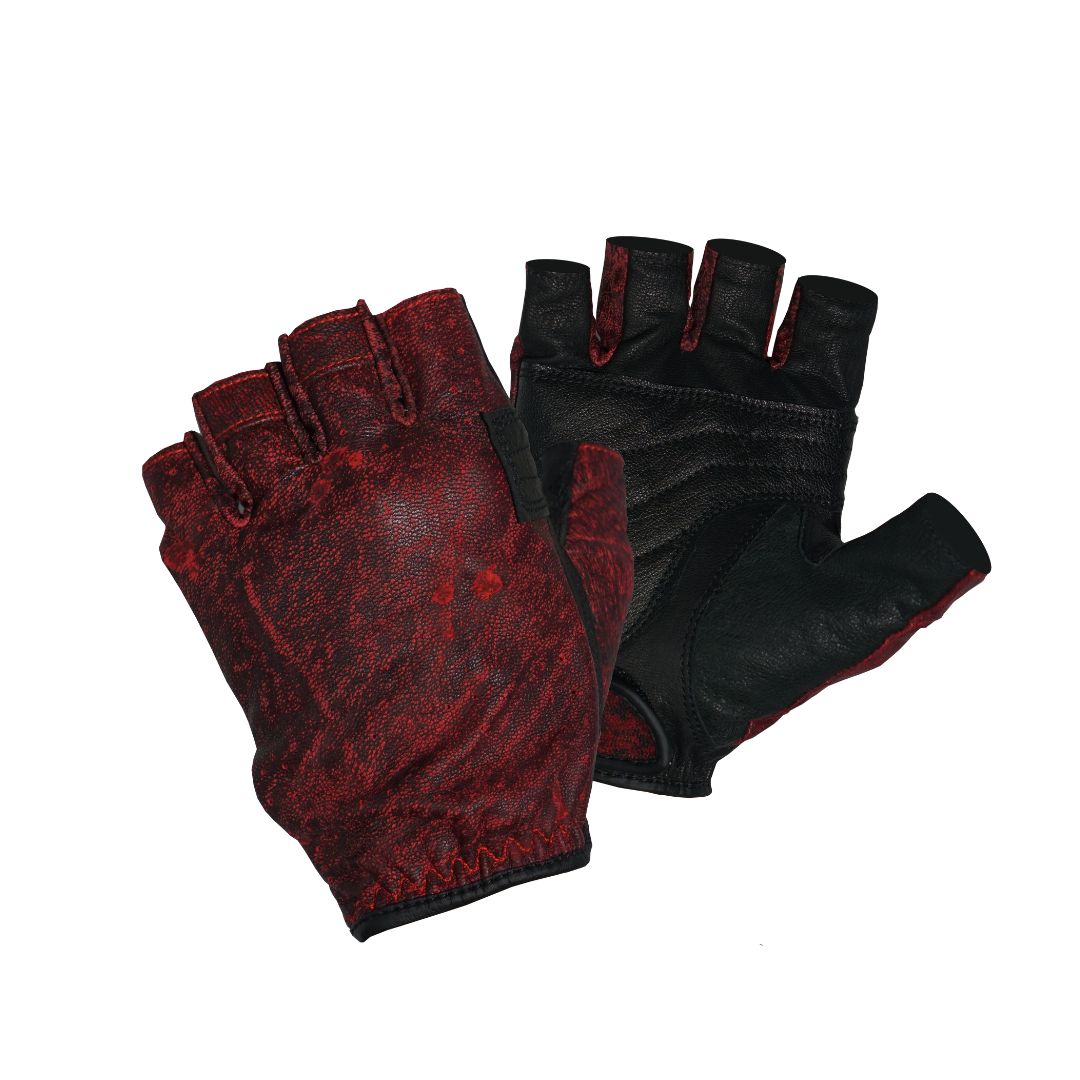 A pair of half-finger leather gloves, primarily black with yellow accents on the fingers and palm.