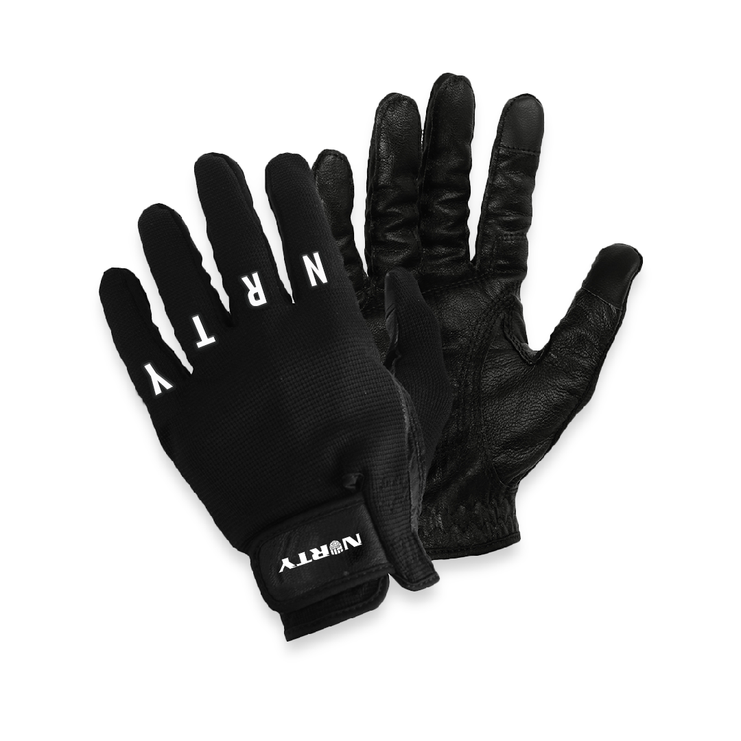 A pair of black Macco gloves featuring a sporty design with white text on the fingers, suitable for touchscreen support.