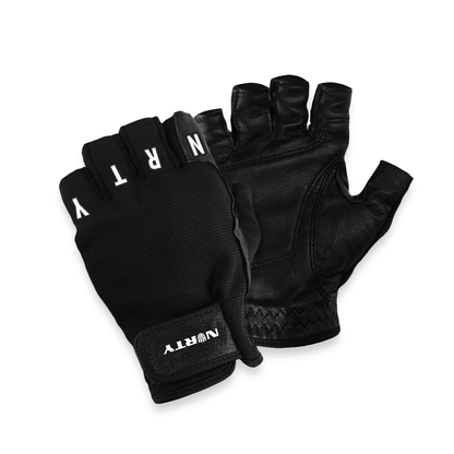 A pair of black Macco gloves featuring a sporty design with white text on the fingers, suitable for touchscreen support.