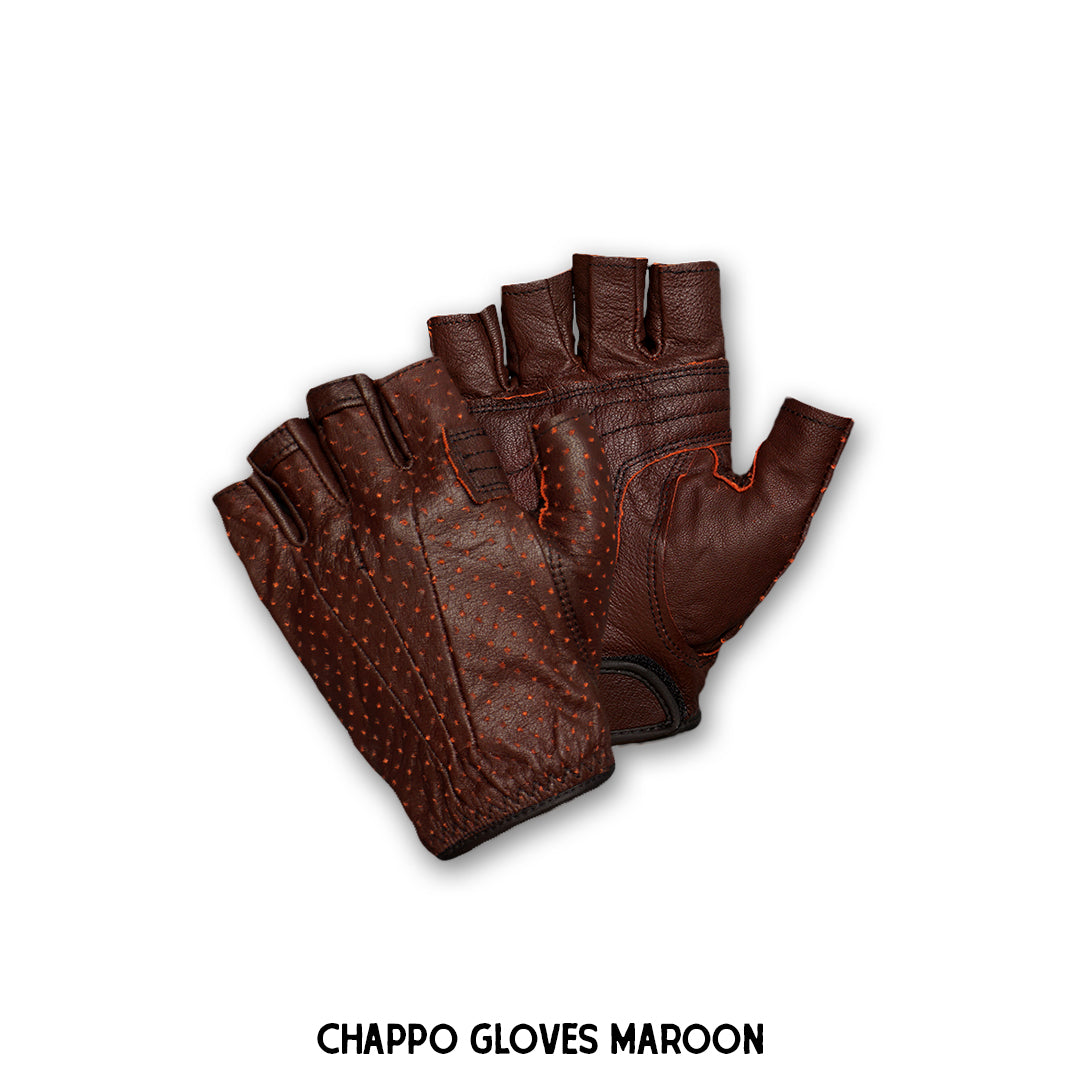 A pair of maroon leather half-finger gloves