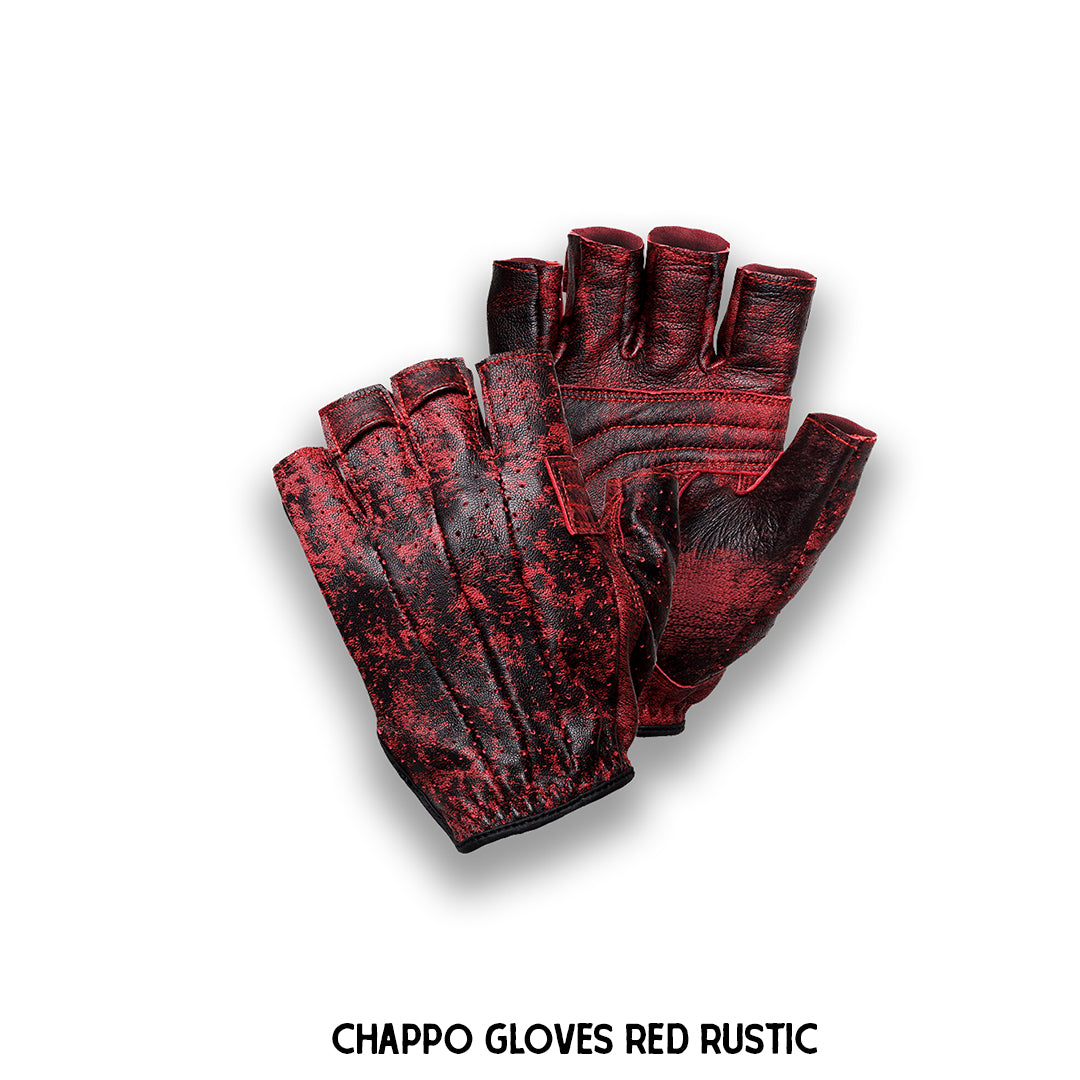 A pair of red rustic leather half-finger gloves