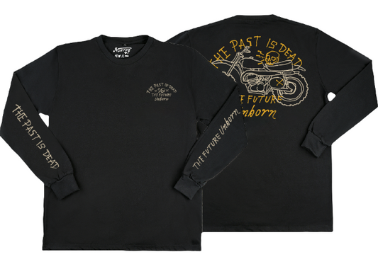 Black long-sleeve shirt with motorcycle graphic and text on a white background