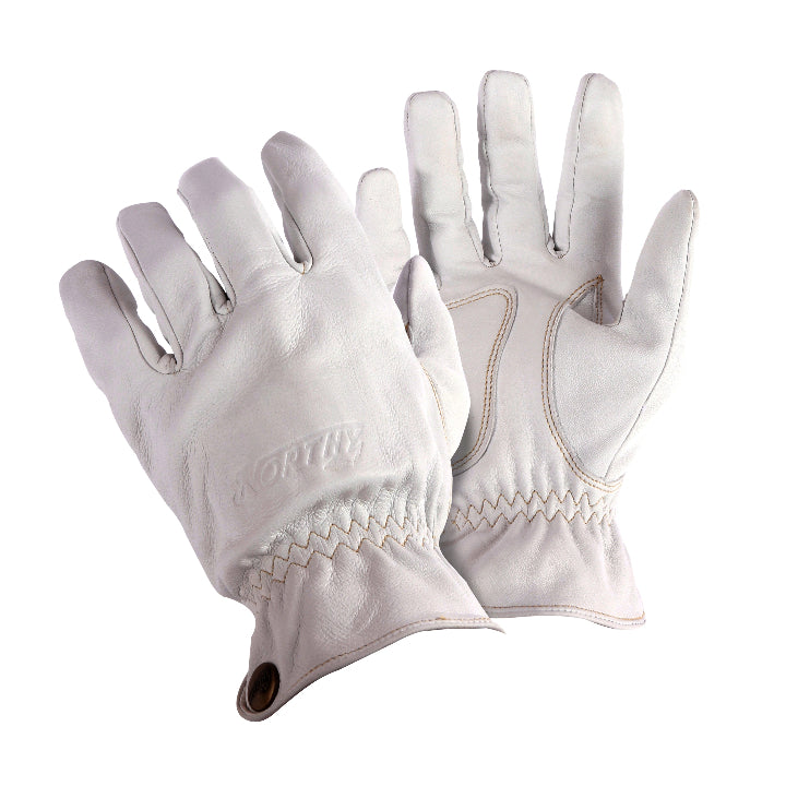 A pair of black leather gloves with visible stitching and brand embossing on the backhand.