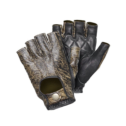 A pair of Osborn leather gloves featuring half-finger design, snap button lock, and dual tone color.